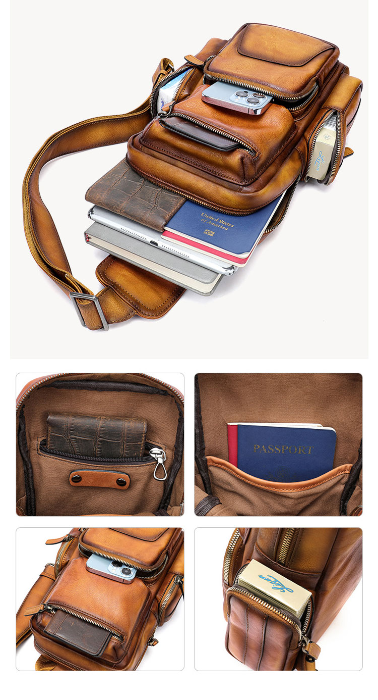 Whatna アンティーク風合い鞣し天 然 牛 革 ワンショルダーメンズ 3way 斜めがけ 肩掛けミニボディバッグ 胸バッグ 本革 厚手 レザー12042-4