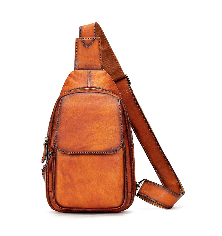 Whatna アンティーク風合い鞣し天 然 牛 革 ワンショルダーメンズ 3way 斜めがけ 肩掛けミニボディバッグ 胸バッグ  本革 厚手 レザー7589-2