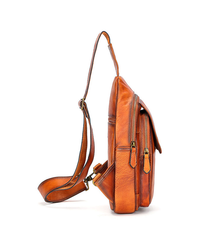 Whatna アンティーク風合い鞣し天 然 牛 革 ワンショルダーメンズ 3way 斜めがけ 肩掛けミニボディバッグ 胸バッグ  本革 厚手 レザー7589-3