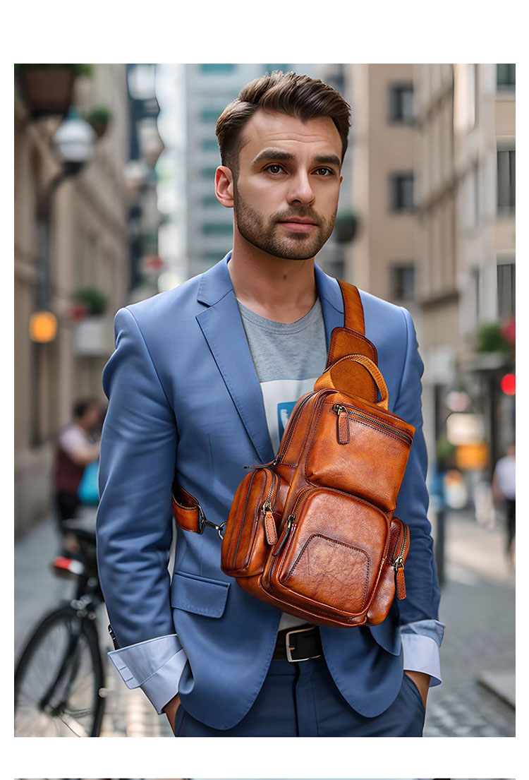 Whatna アンティーク風合い鞣し天 然 牛 革 ワンショルダーメンズ 3way 斜めがけ 肩掛けミニボディバッグ 胸バッグ 本革 厚手 レザー12042-7