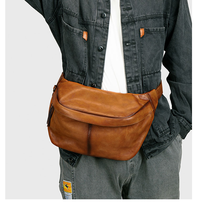 Whatna アンティーク風合い鞣し天 然 牛革 ワンショルダー メンズ ウエストポーチ ウエストバッグ ショルダーバッグ 手作業で作 男女兼用 本革 斜めがけ ボディバッグ 斜め掛け 胸バッグ 9059-9