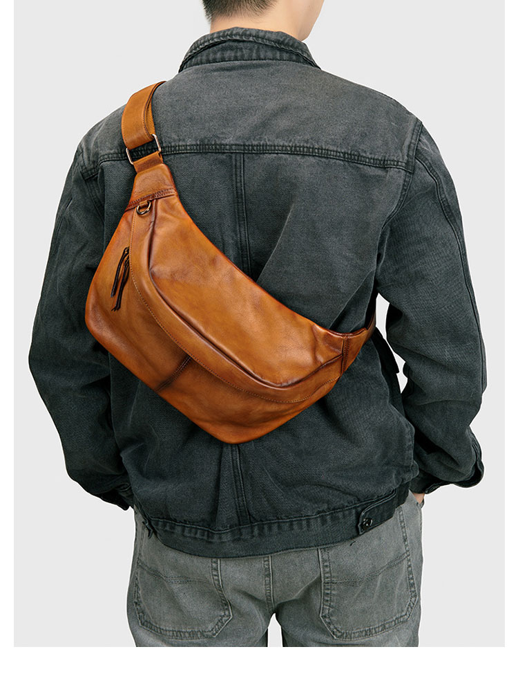 Whatna アンティーク風合い鞣し天 然 牛革 ワンショルダー メンズ ウエストポーチ ウエストバッグ ショルダーバッグ 手作業で作 男女兼用 本革 斜めがけ ボディバッグ 斜め掛け 胸バッグ 9059-10