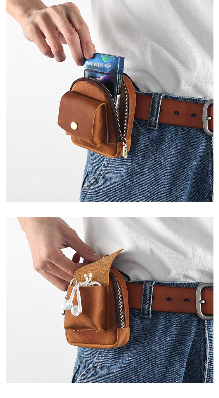 Whatna 天然 厚 手 牛革 小銭入れ コインケース メンズ レディース 2way ミニサコッシュ カラビナポーチ ベルトループ ミニウエストバッグポーチ 本革 イヤホン収納ケース カラビナ付き-6