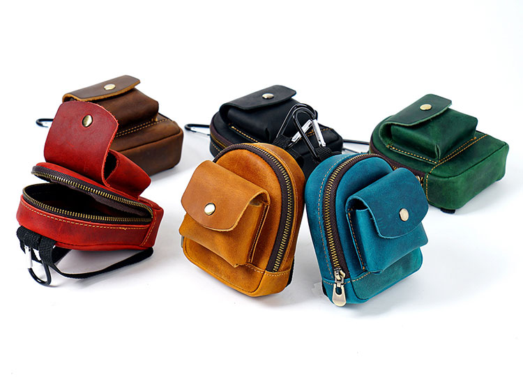 Whatna 天然 厚 手 牛革 小銭入れ コインケース メンズ レディース 2way ミニサコッシュ カラビナポーチ ベルトループ ミニウエストバッグポーチ 本革 イヤホン収納ケース カラビナ付き-2