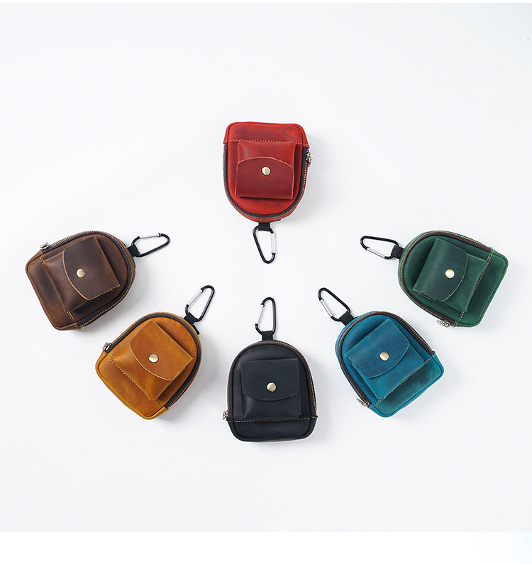 Whatna 天然 厚 手 牛革 小銭入れ コインケース メンズ レディース 2way ミニサコッシュ カラビナポーチ ベルトループ ミニウエストバッグポーチ 本革 イヤホン収納ケース カラビナ付き-1