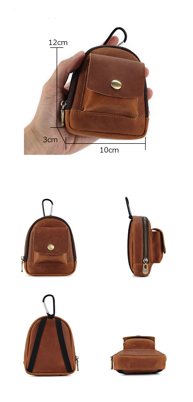 Whatna 天然 厚 手 牛革 小銭入れ コインケース メンズ レディース 2way ミニサコッシュ カラビナポーチ ベルトループ ミニウエストバッグポーチ 本革 イヤホン収納ケース カラビナ付き-3