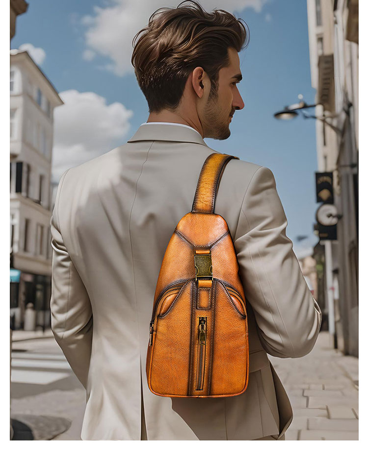 Whatnaアンティーク風合い鞣し天 然 牛 革 ワンショルダーメンズ 3way 斜めがけ 肩掛けミニボディバッグ 胸バッグ 本革 厚手 レザー9171-12