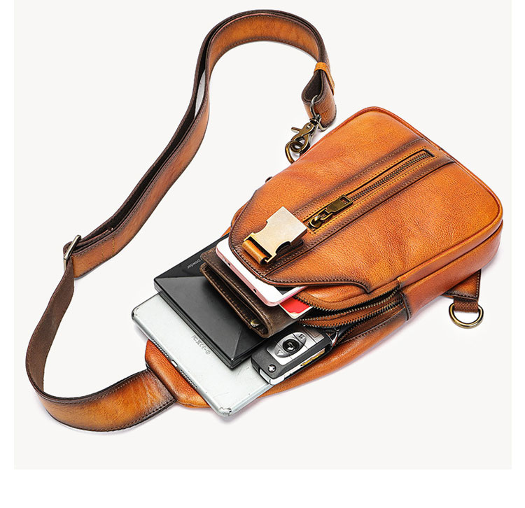 Whatnaアンティーク風合い鞣し天 然 牛 革 ワンショルダーメンズ 3way 斜めがけ 肩掛けミニボディバッグ 胸バッグ 本革 厚手 レザー9171-6