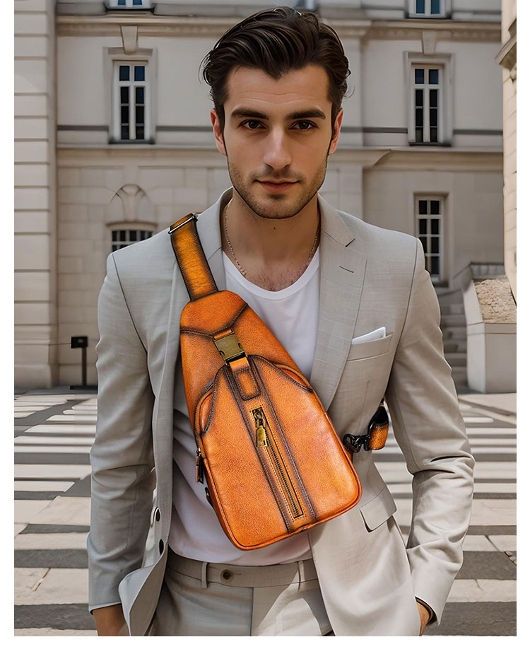 Whatnaアンティーク風合い鞣し天 然 牛 革 ワンショルダーメンズ 3way 斜めがけ 肩掛けミニボディバッグ 胸バッグ 本革 厚手 レザー9171-13