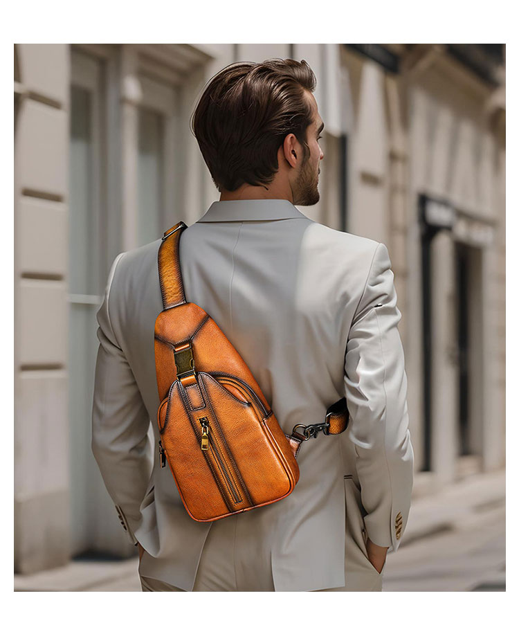 Whatnaアンティーク風合い鞣し天 然 牛 革 ワンショルダーメンズ 3way 斜めがけ 肩掛けミニボディバッグ 胸バッグ 本革 厚手 レザー9171-10