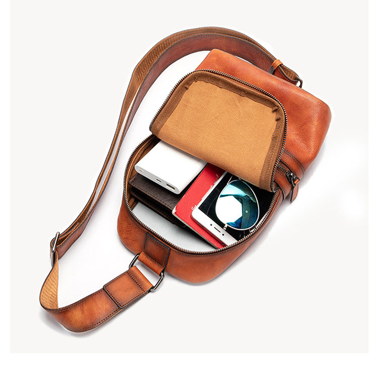 Whatnaアンティーク風合い鞣し天 然 牛 革 ワンショルダーメンズ 3way 斜めがけ 肩掛けミニボディバッグ 胸バッグ  本革 厚手 レザー7601-6