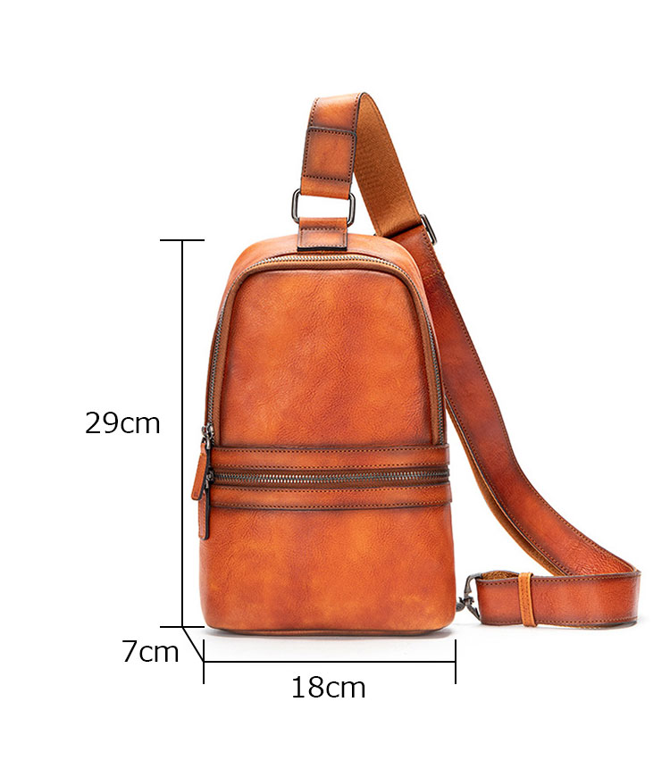 Whatnaアンティーク風合い鞣し天 然 牛 革 ワンショルダーメンズ 3way 斜めがけ 肩掛けミニボディバッグ 胸バッグ  本革 厚手 レザー7601-1