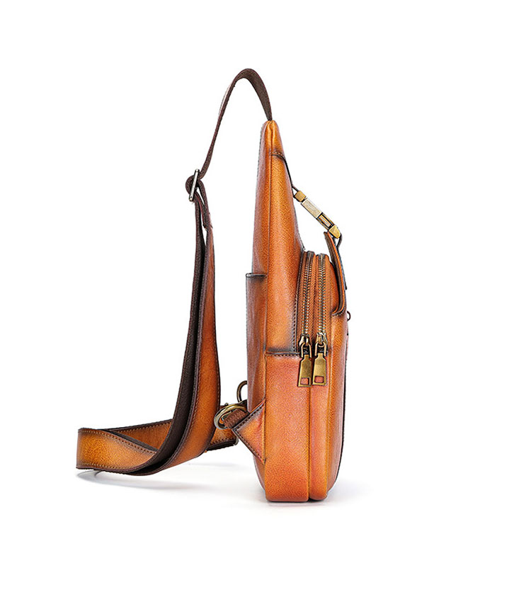 Whatnaアンティーク風合い鞣し天 然 牛 革 ワンショルダーメンズ 3way 斜めがけ 肩掛けミニボディバッグ 胸バッグ 本革 厚手 レザー9171-2
