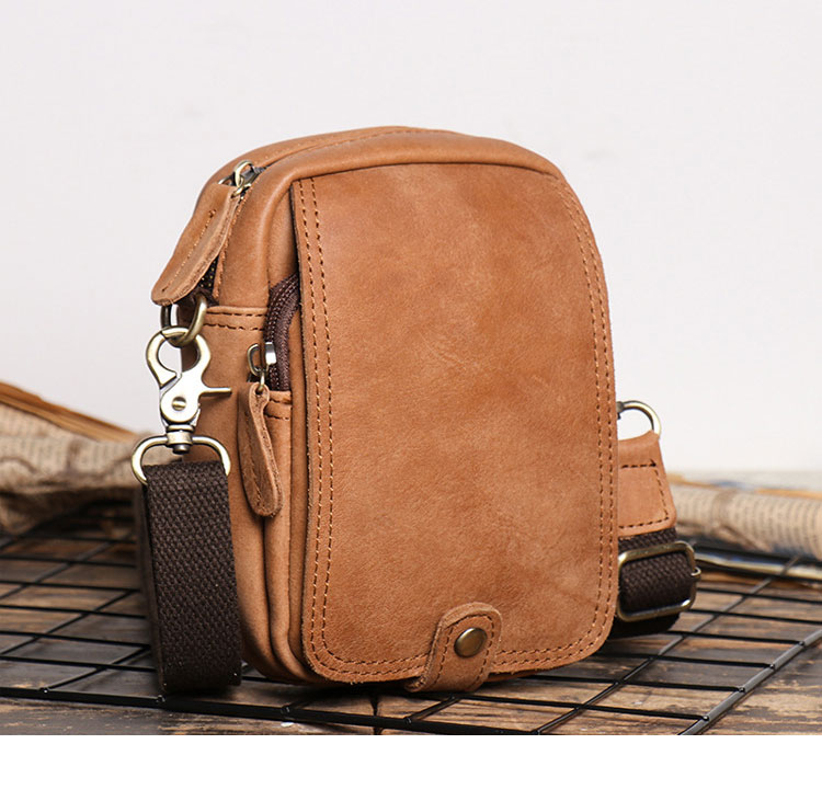 Whatna 牛革 ミニワンショルダーバッグ メンズ ミニウエストバッグ ウエストポーチバイク用 ベルトバッグ ヒップバッグ厚手 レザー 本 革 横型 縦型 男女兼用 ミニ斜め掛け ボディバッグ 胸バッグ ワンショルダー 軽量 ブラウン 黒8133-1