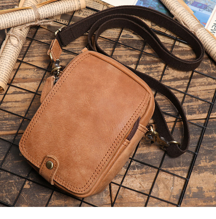 Whatna 牛革 ミニワンショルダーバッグ メンズ ミニウエストバッグ ウエストポーチバイク用 ベルトバッグ ヒップバッグ厚手 レザー 本 革 横型 縦型 男女兼用 ミニ斜め掛け ボディバッグ 胸バッグ ワンショルダー 軽量 ブラウン 黒8133-3