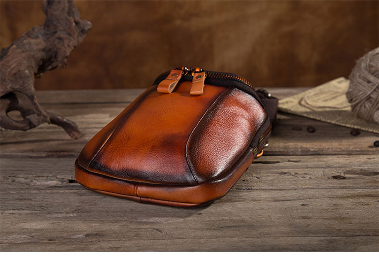 Whatna アンティーク風合い鞣し天 然 牛革 ミニワンショルダーバッグ メンズ ミニ斜め掛け ボディバッグ 胸バッグ ミニウエストバッグ ベルトポーチ カラビナポーチヒップバッグ ウエストポーチバイク用 本革厚手 レザー 男女兼用-5