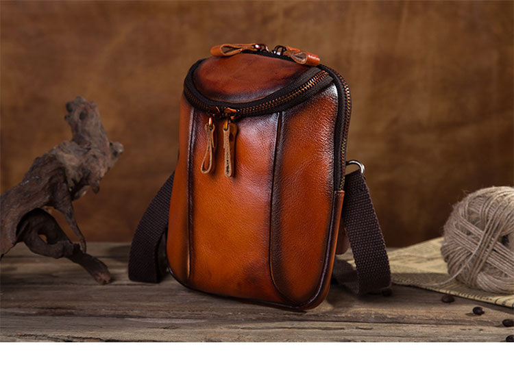 Whatna アンティーク風合い鞣し天 然 牛革 ミニワンショルダーバッグ メンズ ミニ斜め掛け ボディバッグ 胸バッグ ミニウエストバッグ ベルトポーチ カラビナポーチヒップバッグ ウエストポーチバイク用 本革厚手 レザー 男女兼用-2