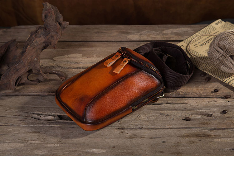 Whatna アンティーク風合い鞣し天 然 牛革 ミニワンショルダーバッグ メンズ ミニ斜め掛け ボディバッグ 胸バッグ ミニウエストバッグ ベルトポーチ カラビナポーチヒップバッグ ウエストポーチバイク用 本革厚手 レザー 男女兼用-6