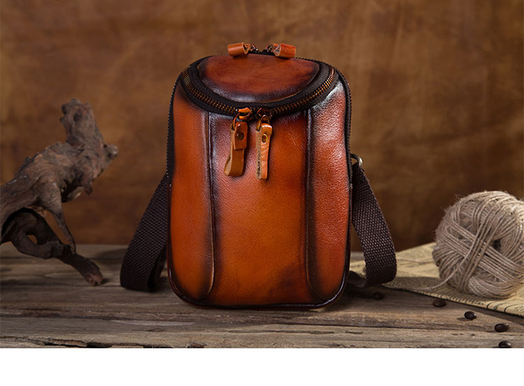 Whatna アンティーク風合い鞣し天 然 牛革 ミニワンショルダーバッグ メンズ ミニ斜め掛け ボディバッグ 胸バッグ ミニウエストバッグ ベルトポーチ カラビナポーチヒップバッグ ウエストポーチバイク用 本革厚手 レザー 男女兼用-1