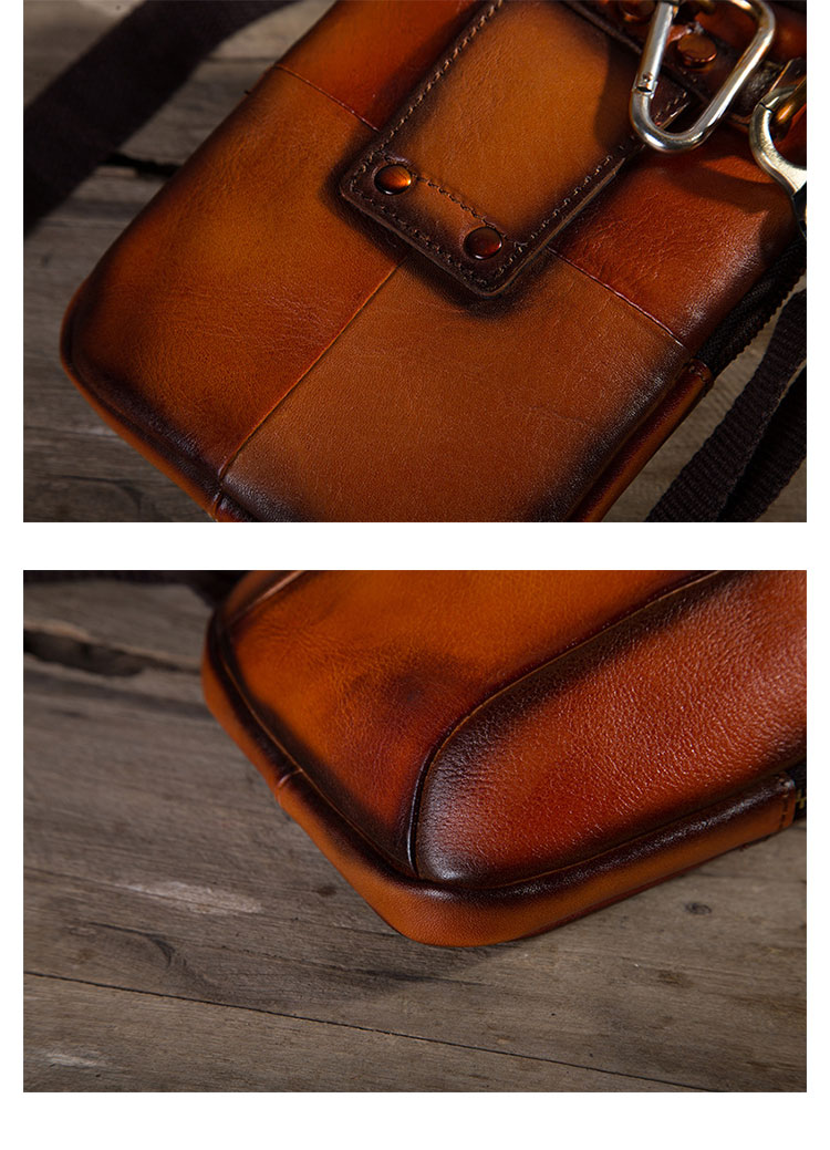 Whatna アンティーク風合い鞣し天 然 牛革 ミニワンショルダーバッグ メンズ ミニ斜め掛け ボディバッグ 胸バッグ ミニウエストバッグ ベルトポーチ カラビナポーチヒップバッグ ウエストポーチバイク用 本革厚手 レザー 男女兼用-12