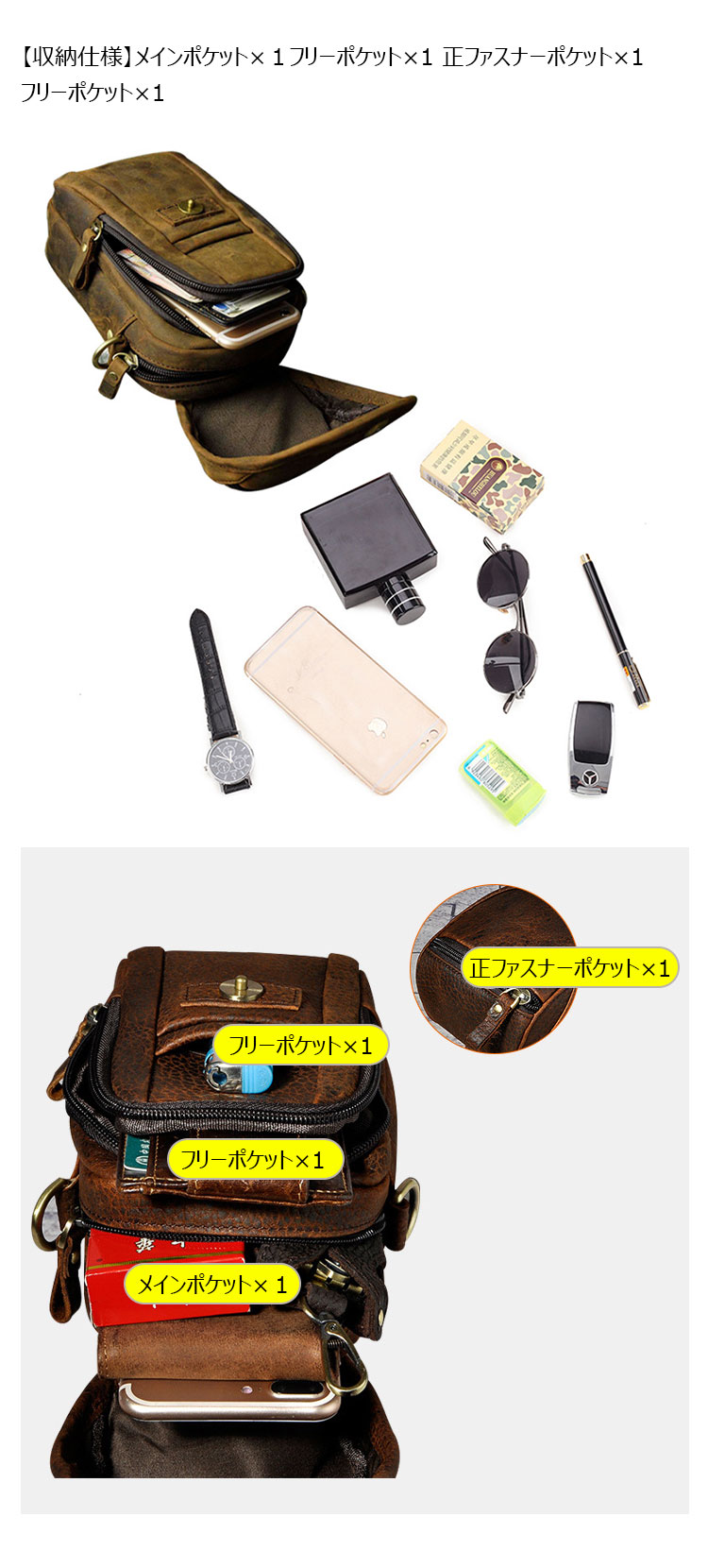 Whatna アンティーク風合い鞣し天 然 牛革 ミニワンショルダーバッグ メンズ ミニ斜め掛け ボディバッグ 胸バッグ ミニウエストバッグ ベルトポーチ カラビナポーチヒップバッグ ウエストポーチバイク用 本革厚手 レザー 男女兼用-6