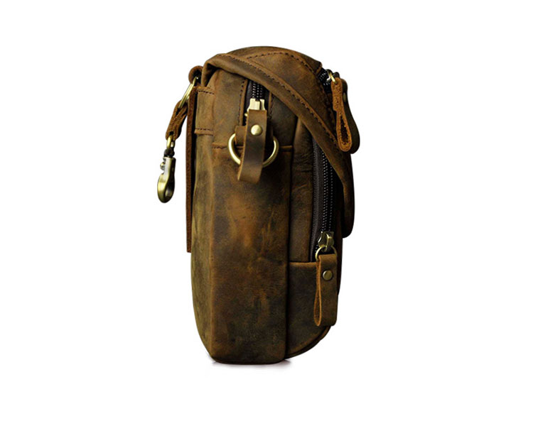 Whatna アンティーク風合い鞣し天 然 牛革 ミニワンショルダーバッグ メンズ ミニ斜め掛け ボディバッグ 胸バッグ ミニウエストバッグ ベルトポーチ カラビナポーチヒップバッグ ウエストポーチバイク用 本革厚手 レザー 男女兼用-2