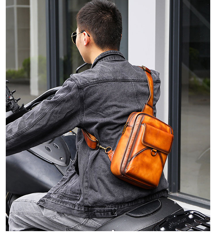 Whatna アンティーク風合い鞣し天 然 牛 革 ワンショルダーメンズ 3way 斜めがけ 肩掛けミニボディバッグ 胸バッグ  本革 厚手 レザーIpad Mini収納可 9159-9