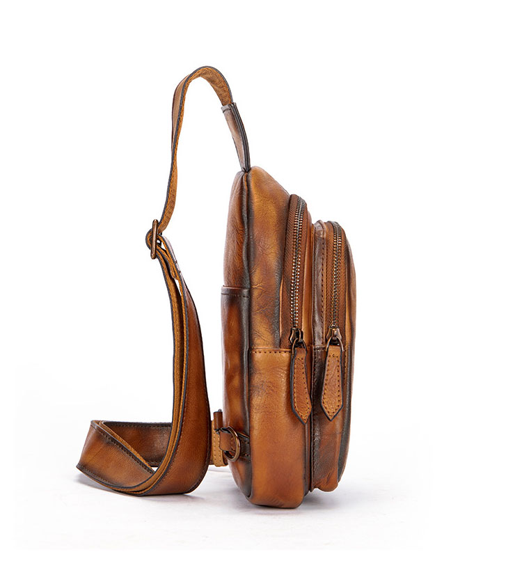 Whatna アンティーク風合い鞣し天 然 牛 革 ワンショルダーメンズ 3way 斜めがけ 肩掛けミニボディバッグ 胸バッグ  本革 厚手 レザーIpad Mini収納可 9155-2