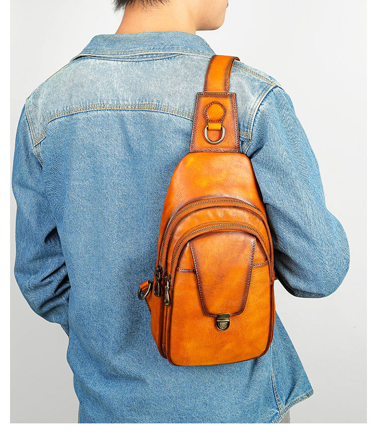 Whatnaアンティーク風合い鞣し天 然 牛 革 ワンショルダーメンズ 3way 斜めがけ 肩掛けミニボディバッグ 胸バッグ  本革 厚手 レザーIpad Mini収納可 9148-11