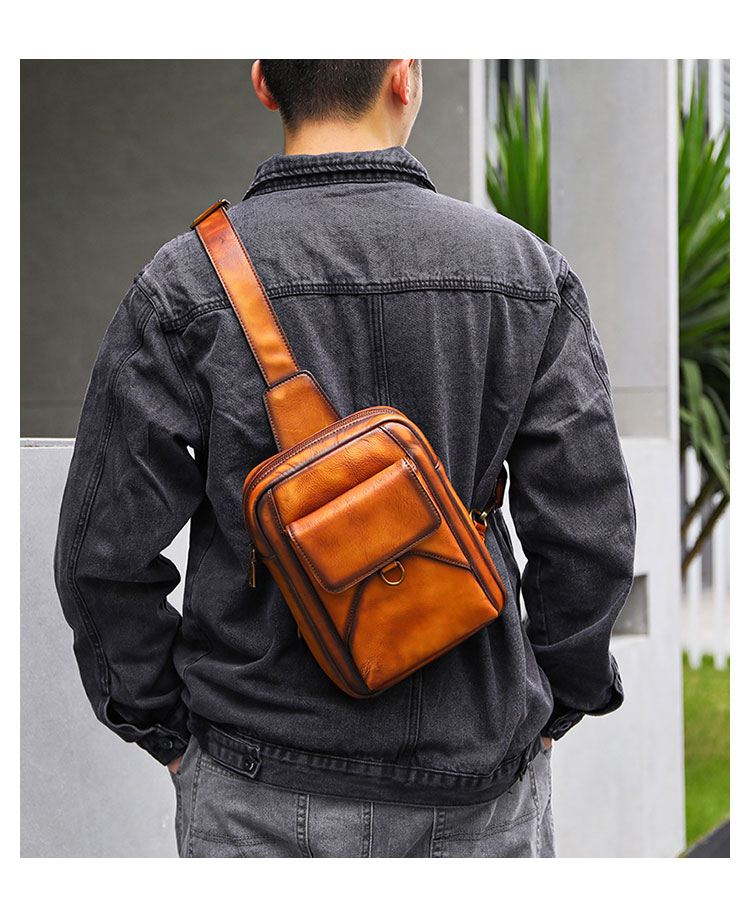 Whatna アンティーク風合い鞣し天 然 牛 革 ワンショルダーメンズ 3way 斜めがけ 肩掛けミニボディバッグ 胸バッグ  本革 厚手 レザーIpad Mini収納可 9159-8