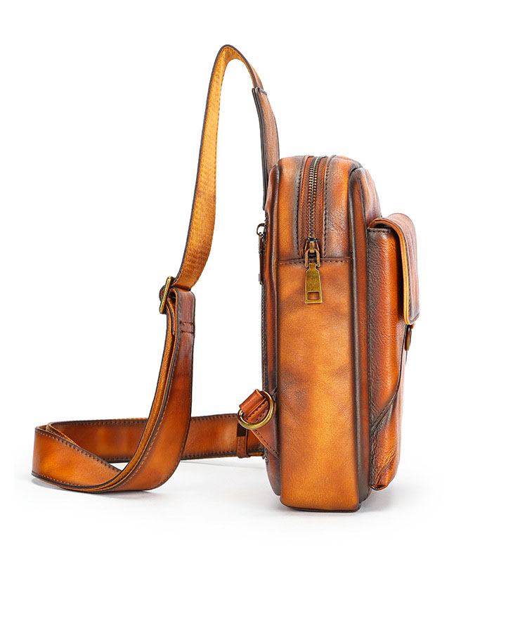 Whatna アンティーク風合い鞣し天 然 牛 革 ワンショルダーメンズ 3way 斜めがけ 肩掛けミニボディバッグ 胸バッグ  本革 厚手 レザーIpad Mini収納可 9159-2