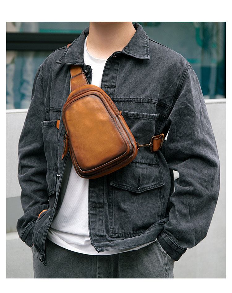 Whatna アンティーク風合い鞣し天 然 牛 革 ワンショルダーメンズ 3way 斜めがけ 肩掛けミニボディバッグ 胸バッグ  本革 厚手 レザーIpad Mini収納可 9155-8