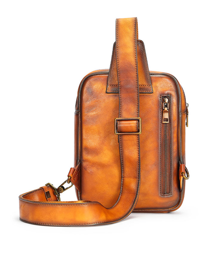 Whatna アンティーク風合い鞣し天 然 牛 革 ワンショルダーメンズ 3way 斜めがけ 肩掛けミニボディバッグ 胸バッグ  本革 厚手 レザーIpad Mini収納可 9159-3