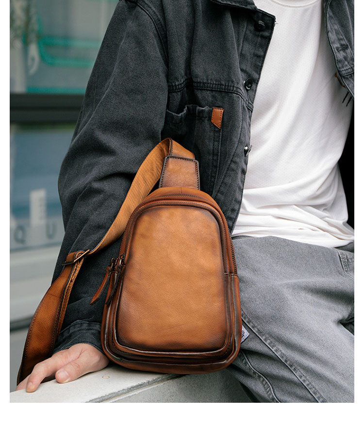 Whatna アンティーク風合い鞣し天 然 牛 革 ワンショルダーメンズ 3way 斜めがけ 肩掛けミニボディバッグ 胸バッグ  本革 厚手 レザーIpad Mini収納可 9155-9