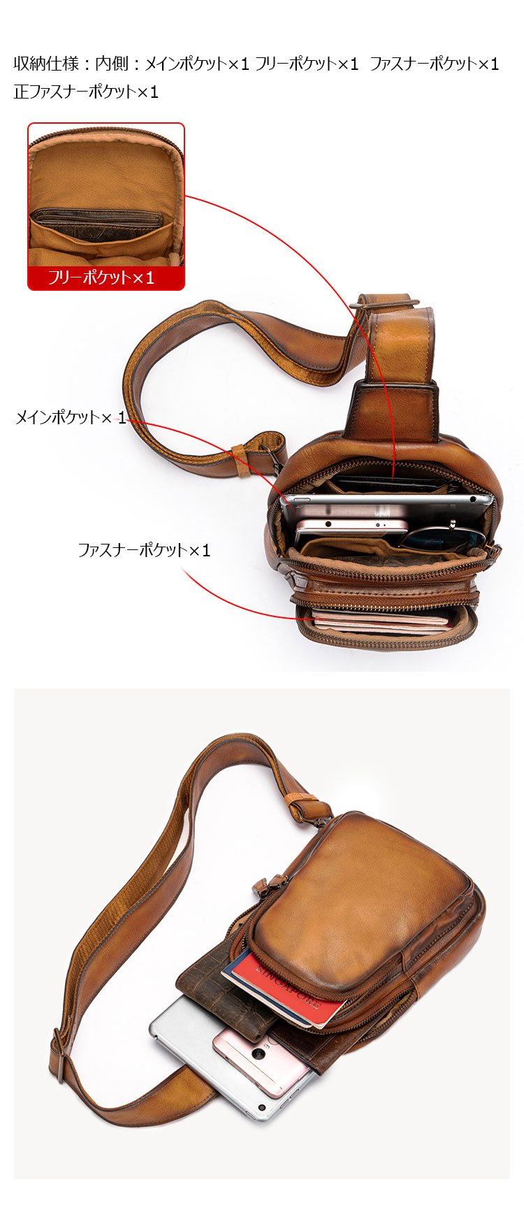 Whatna アンティーク風合い鞣し天 然 牛 革 ワンショルダーメンズ 3way 斜めがけ 肩掛けミニボディバッグ 胸バッグ  本革 厚手 レザーIpad Mini収納可 9155-5