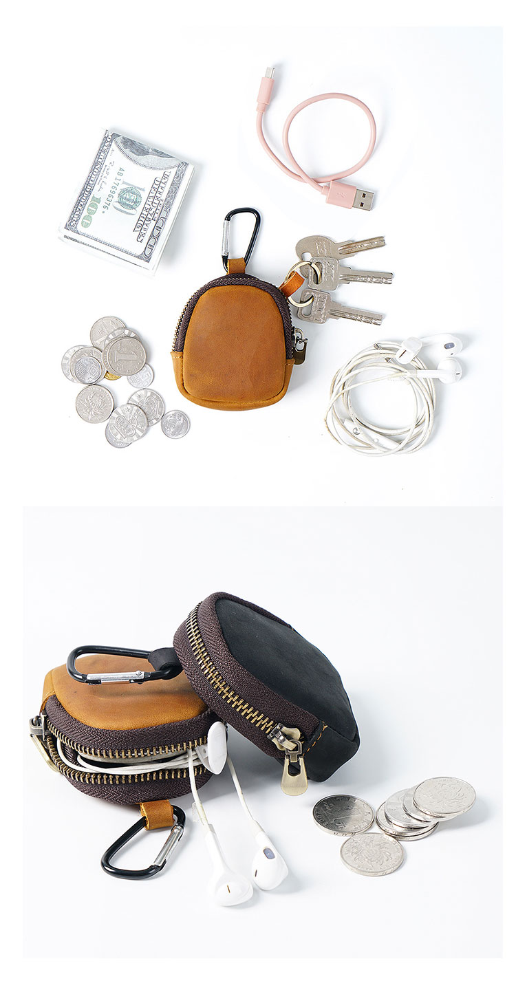 Whatna 天 然 厚 手 牛革 小銭入れ コインケース メンズ レディース 2way ミニサコッシュ カラビナポーチ ベルトループ ミニウエストバッグポーチ 本革 カラビナ付き  イヤホン収納ケース-3