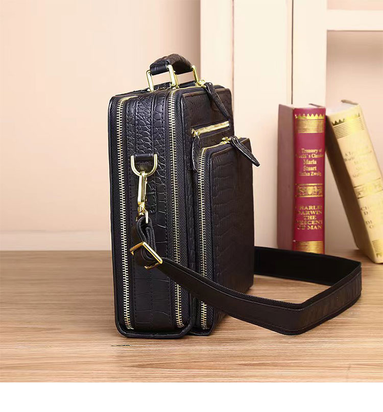 Whatna ワニ革 本革 ビジネス バッグメンズ 2way ショルダー 手提げ バッグ クロコダイル革 ダブルファスナー 2室仕切 ブリーフケース 14インチPC対応 旅行 出張 通勤 通学 就活 面接 バッグ かばん 男性用 6809-3
