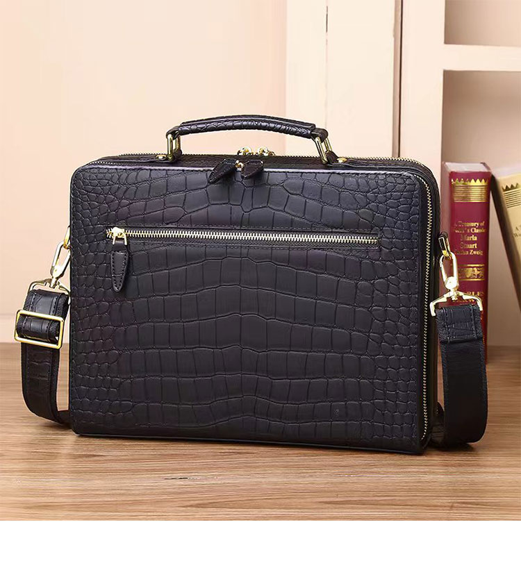 Whatna ワニ革 本革 ビジネス バッグメンズ 2way ショルダー 手提げ バッグ クロコダイル革 ダブルファスナー 2室仕切 ブリーフケース 14インチPC対応 旅行 出張 通勤 通学 就活 面接 バッグ かばん 男性用 6809-2