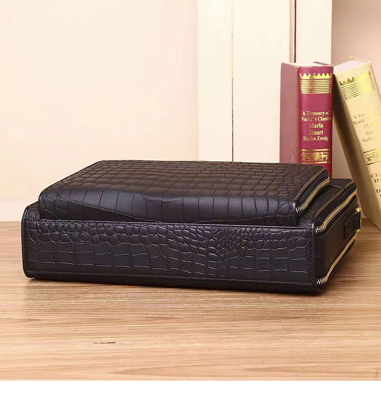Whatna ワニ革 本革 ビジネス バッグメンズ 2way ショルダー 手提げ バッグ クロコダイル革 ダブルファスナー 2室仕切 ブリーフケース 14インチPC対応 旅行 出張 通勤 通学 就活 面接 バッグ かばん 男性用 6809-4