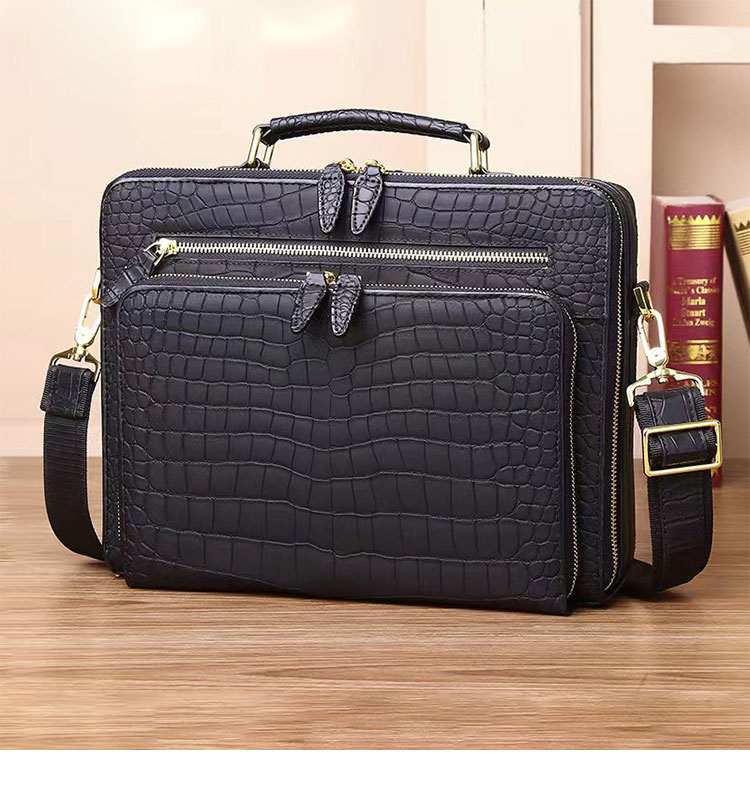 Whatna ワニ革 本革 ビジネス バッグメンズ 2way ショルダー 手提げ バッグ クロコダイル革 ダブルファスナー 2室仕切 ブリーフケース 14インチPC対応 旅行 出張 通勤 通学 就活 面接 バッグ かばん 男性用 6809-1