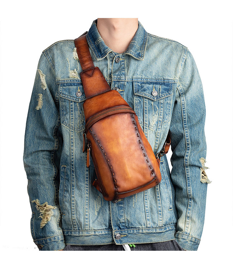 Whatna アンティーク風合い鞣し天 然 牛 革 斜めがけ ボディバッグ ワンショルダー メンズ ボディ斜め掛け 胸バッグ  肩掛けバック本革 厚手  レザー 左右付け替え可能  13543-9