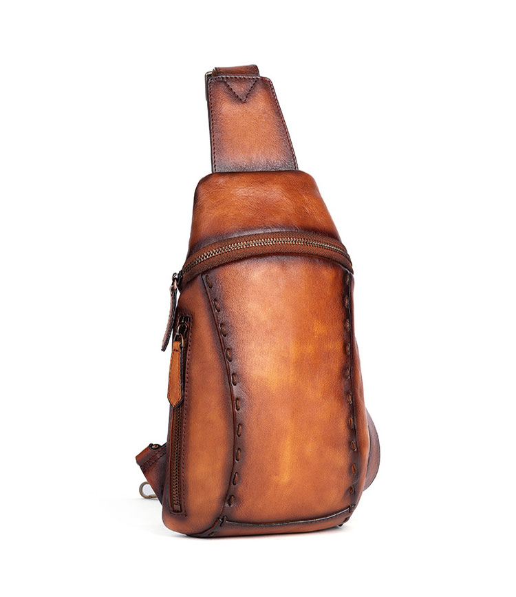 Whatna アンティーク風合い鞣し天 然 牛 革 斜めがけ ボディバッグ ワンショルダー メンズ ボディ斜め掛け 胸バッグ  肩掛けバック本革 厚手  レザー 左右付け替え可能  13543-3