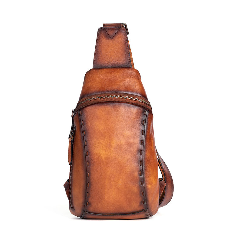 Whatna アンティーク風合い鞣し天 然 牛 革 斜めがけ ボディバッグ ワンショルダー メンズ ボディ斜め掛け 胸バッグ  肩掛けバック本革 厚手  レザー 左右付け替え可能  13543-1