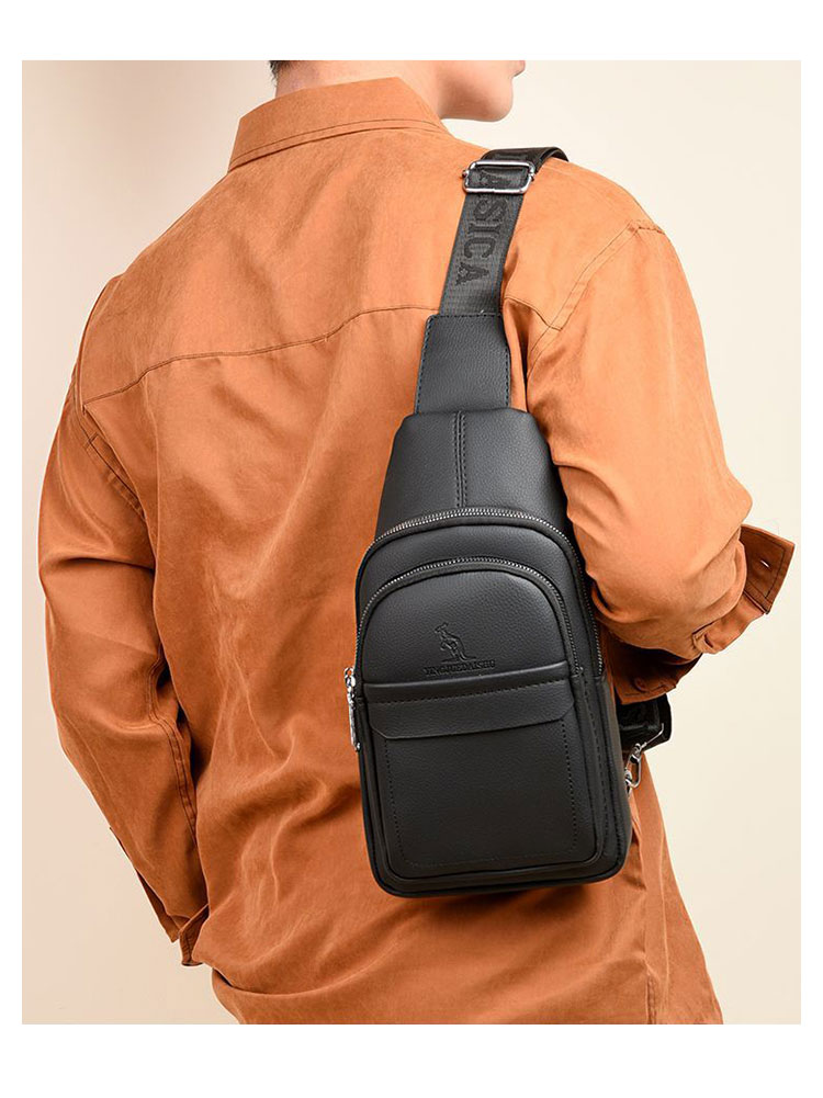 Whatna ワンショルダーメンズ ボディバッグ 斜め掛けバッグ肩掛け 胸バッグ メッセンジャーバッグ 2室仕切PUレザー イヤホン穴付 ダブルファスナー 左右に付け替え可 軽量 男女兼用-5