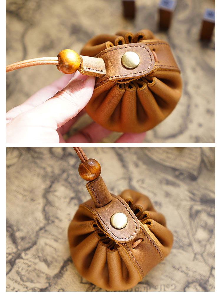 Whatna 天 然 牛革 手作り 小銭入れ コインケース メンズ レディース ミニサコッシュ カラビナポーチ 厚 手 レザー 本革 手のひらサイズミニ巾着袋 ミニジュエリーボック イヤホン収納ケース PL-114-2