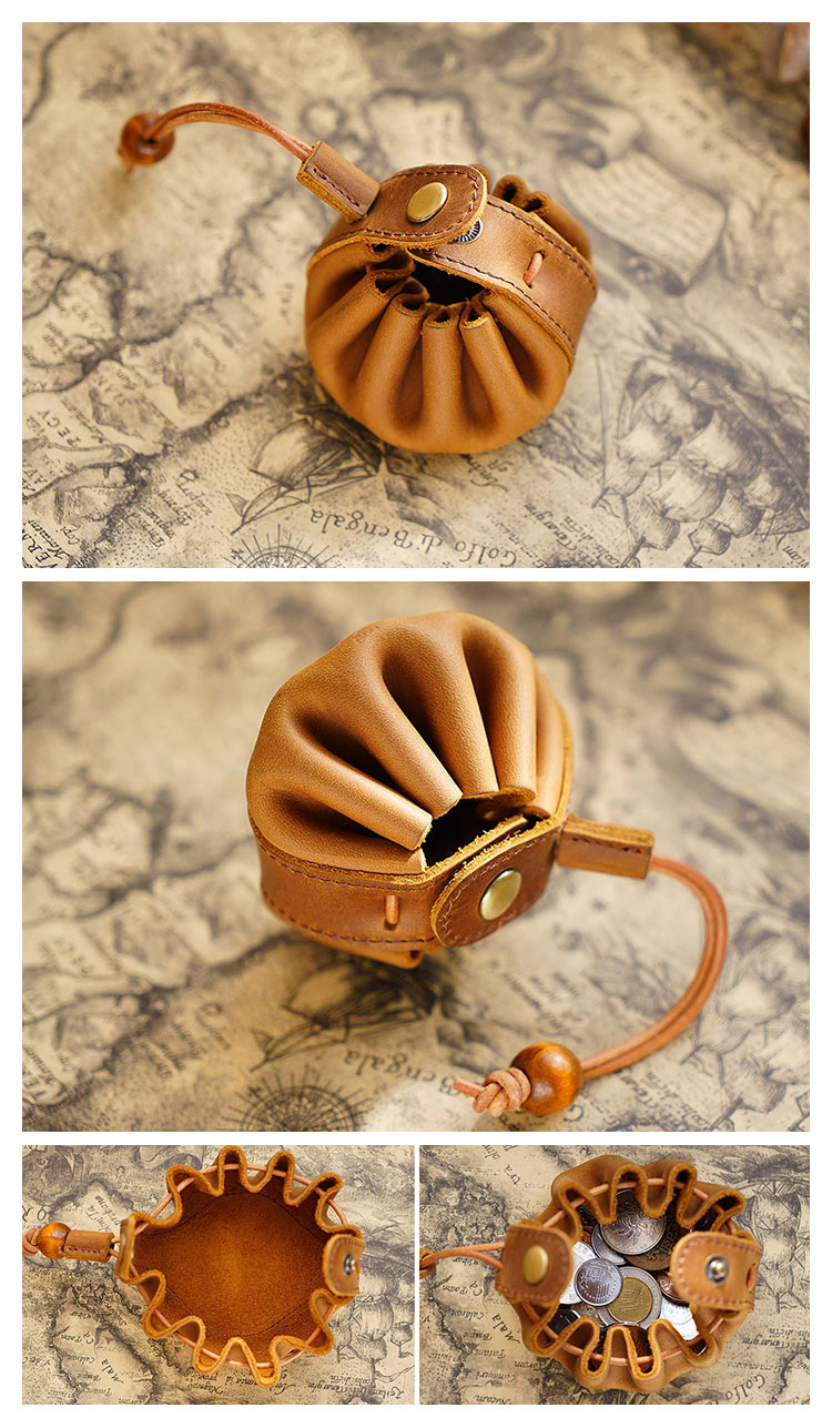 Whatna 天 然 牛革 手作り 小銭入れ コインケース メンズ レディース ミニサコッシュ カラビナポーチ 厚 手 レザー 本革 手のひらサイズミニ巾着袋 ミニジュエリーボック イヤホン収納ケース PL-114-1