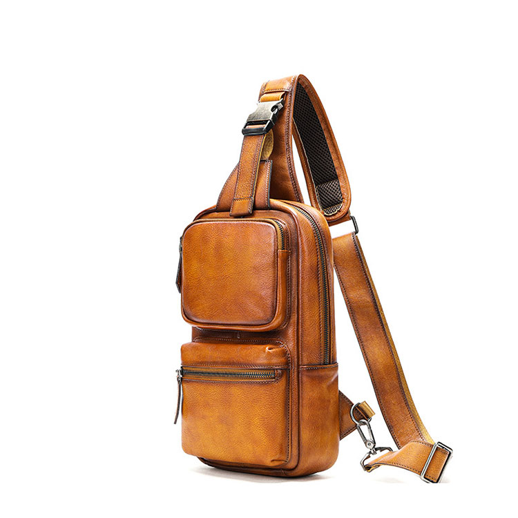 Whatna アンティーク風合い鞣し天 然 牛 革 斜めがけ ボディバッグ ワンショルダー メンズ ボディ斜め掛け 胸バッグ  肩掛けバック本革 厚手  レザー 左右付け替え可能  9180-1