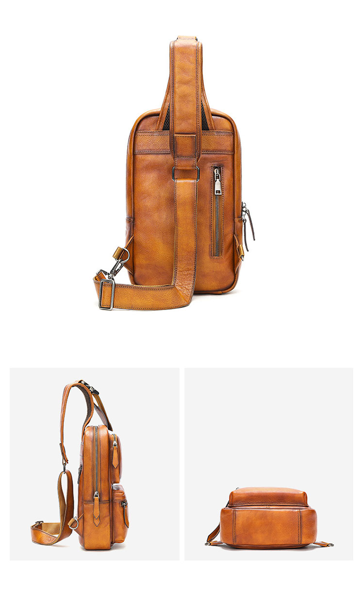 Whatna アンティーク風合い鞣し天 然 牛 革 斜めがけ ボディバッグ ワンショルダー メンズ ボディ斜め掛け 胸バッグ  肩掛けバック本革 厚手  レザー 左右付け替え可能  9180-2