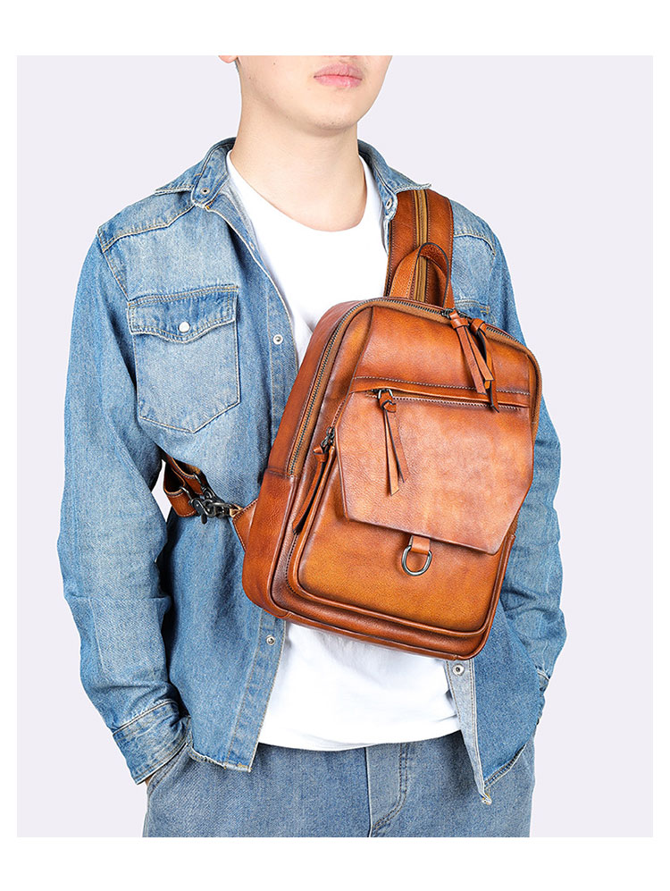 Whatna アンティーク風合い鞣し天 然 牛 革 ワンショルダーメンズ 3way 斜めがけ 肩掛け ボディバッグ 胸バッグ リュックバック 手持ちバック 手提げバック 本革 厚手 レザー A4 サイズipad 10.5収納可 ダブルファスナー 左右付け替え可能 2296-10