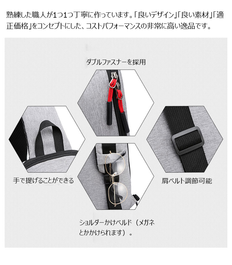 Whatna  ワンショルダーバッグ メンズ  レディース ボディバッグ 胸バッグ 肩掛けバッグ 手提げバック マザーズバッグ ダブルファスナー   左右付け替え可能 軽くて持 防水性が高い-10